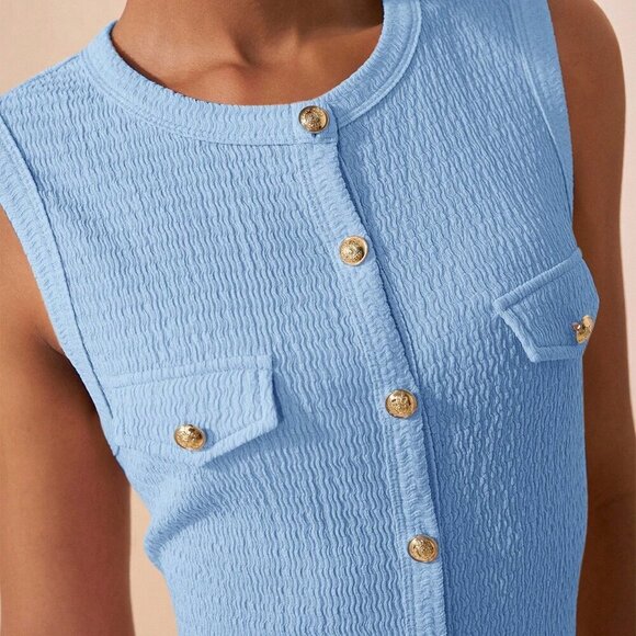 Blue Elegant Women's Round Neck Sleeveless button down Maxi Dress - Picture 6 of 7